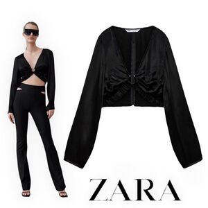 Zara Black Satin Effect Ruched Cutout Long Sleeve Crop Top NWT S